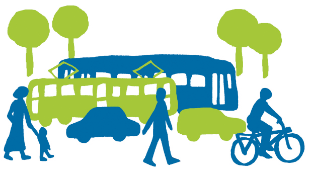Illustration mit Bus, Bahn, Auto, Fußverkehr, Radverkehr und Bäumen